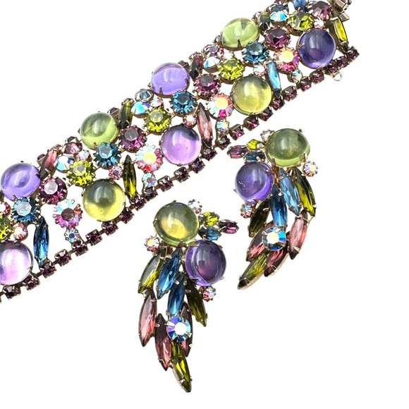 Vintage Unsigned Alice Caviness Bubble Glass Rhinestone Bracelet Earrings Set - Picture 1 of 5